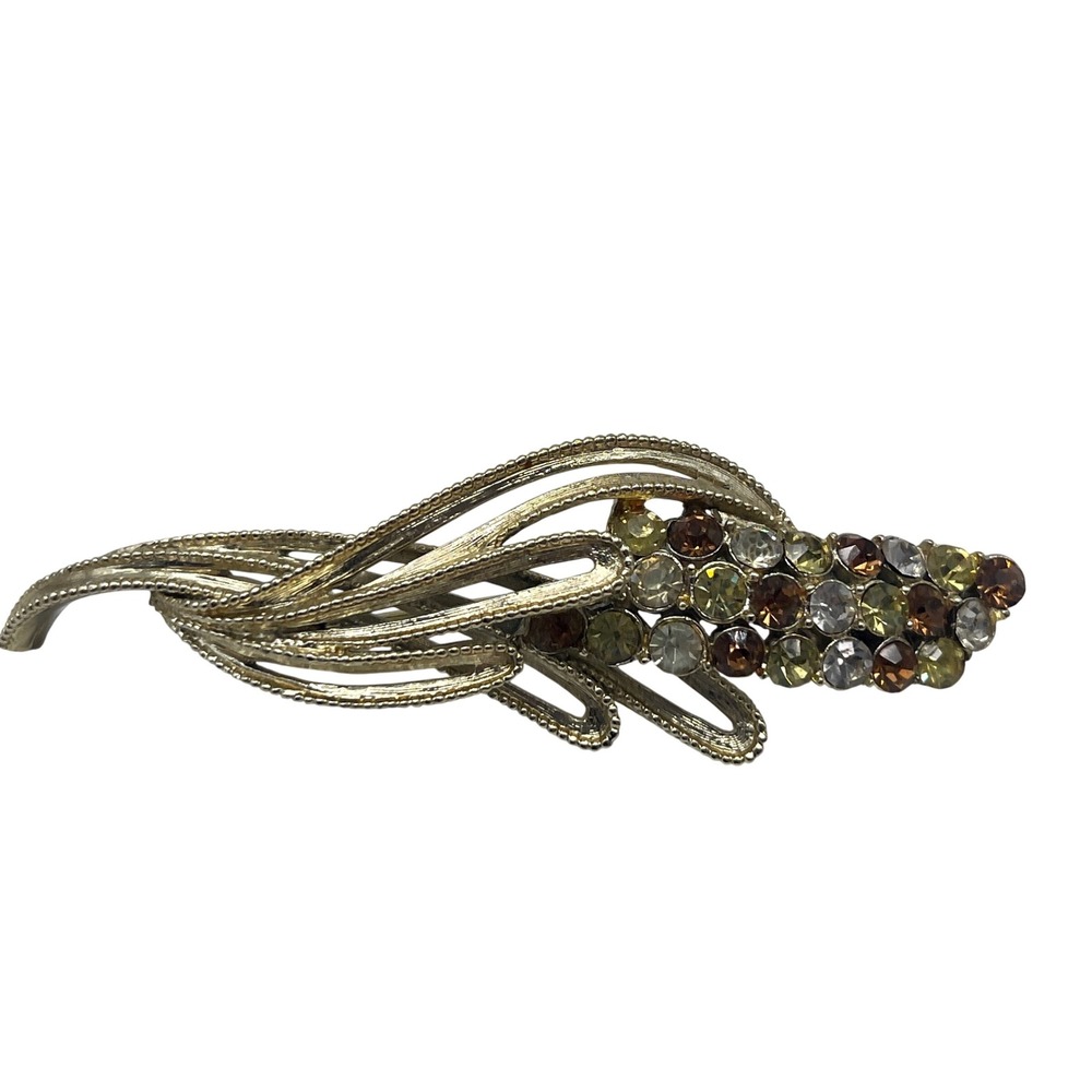 VTG Coro Gold Tone Wheat Stalk Rhinestone Brooch Brown,‎ yellow